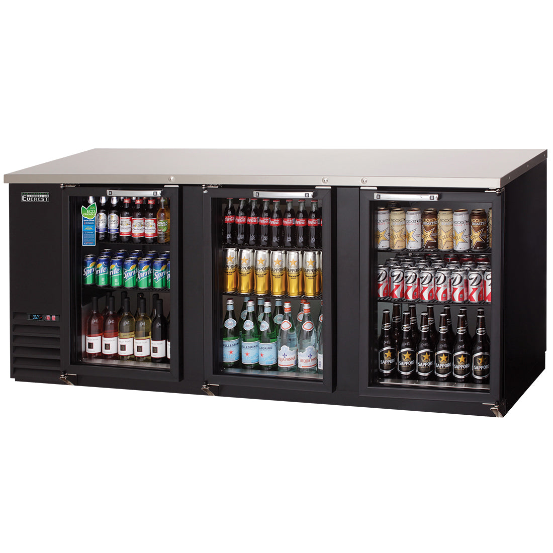 Everest EB Series-EBB90G-24 Black Three Section Glass Door Back Bar Cooler - 28 Cu. Ft.