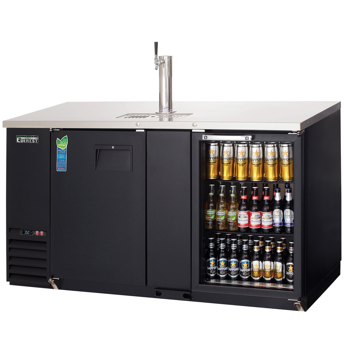 Everest EB Series-EBD3-BBG-24 Black Two Section Solid/Glass Door Back Bar/Direct Draw Keg Refrigerator - 1 Keg/1 Slim Barrel