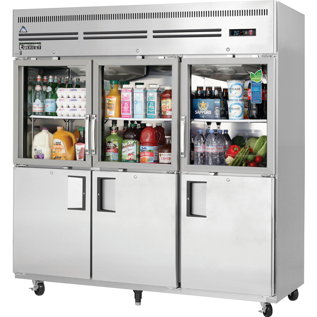Everest ES Series-EGSH6 Three Section Glass/Solid Half Door Upright Reach-In Refrigerator - 71 Cu. Ft.