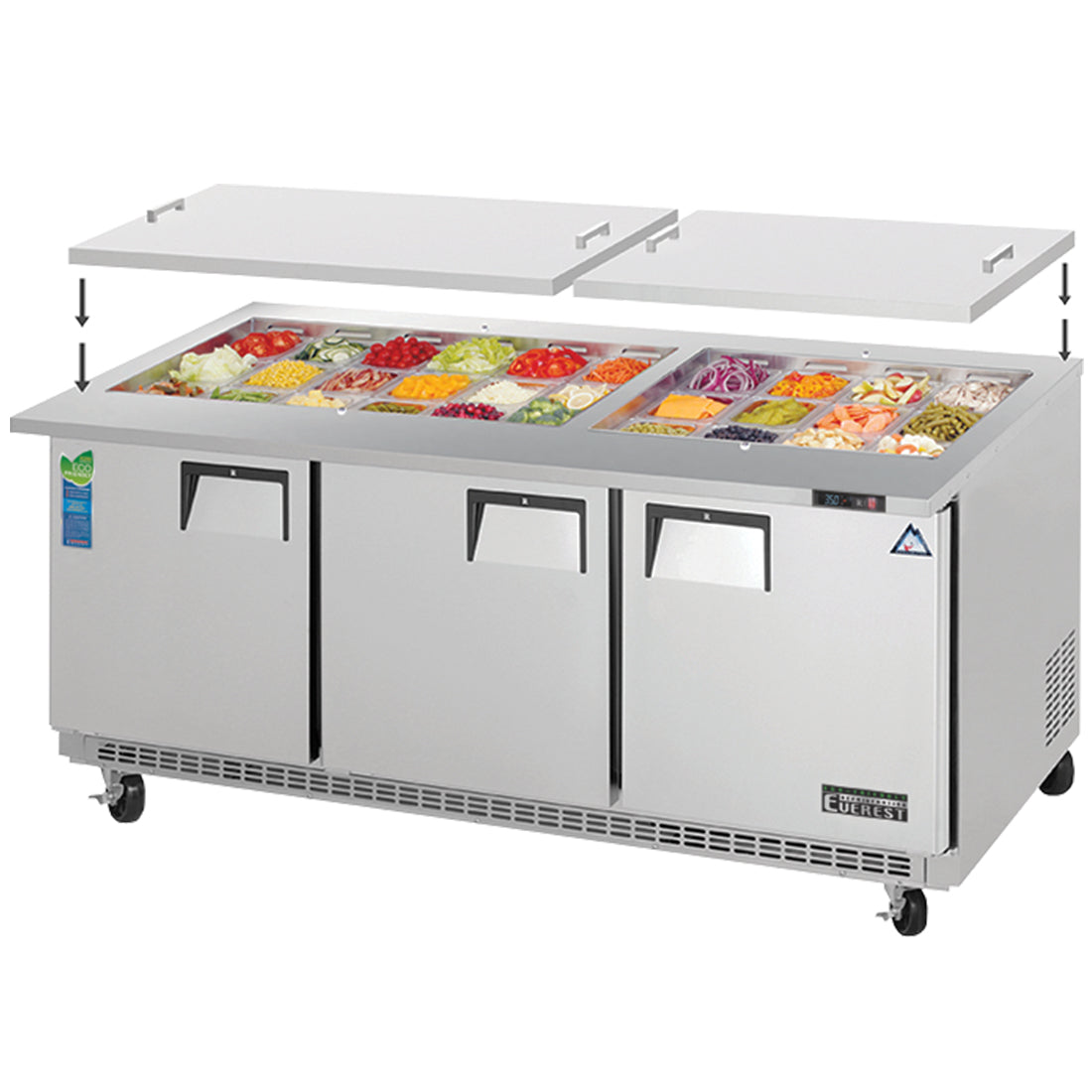 Everest EO Series-EOTP3 Three Section Back Mount Open Top Prep Table - 19 Cu. Ft.