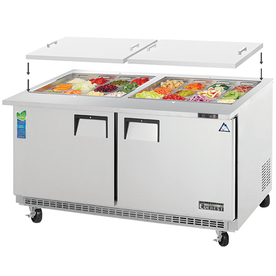 Everest EO Series-EOTPW2 Two Section Back Mount Open Top Prep Table - 16 Cu. Ft.