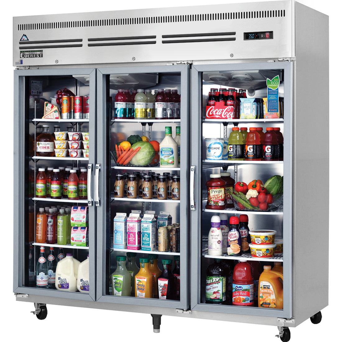 Everest ES Series-ESGR3A Three Section Glass Door Upright Reach-In Refrigerator - 71 Cu. Ft.