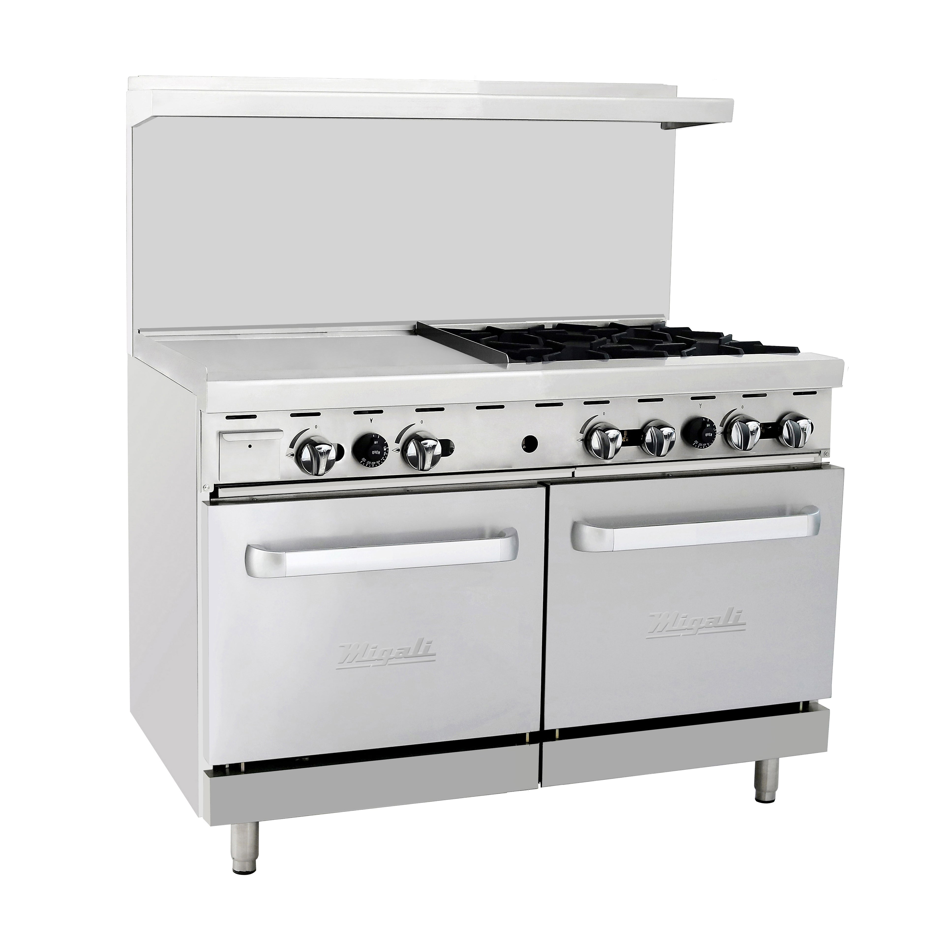 Migali 4 Burner Range, 24” Griddle Left Side, 2 Ovens