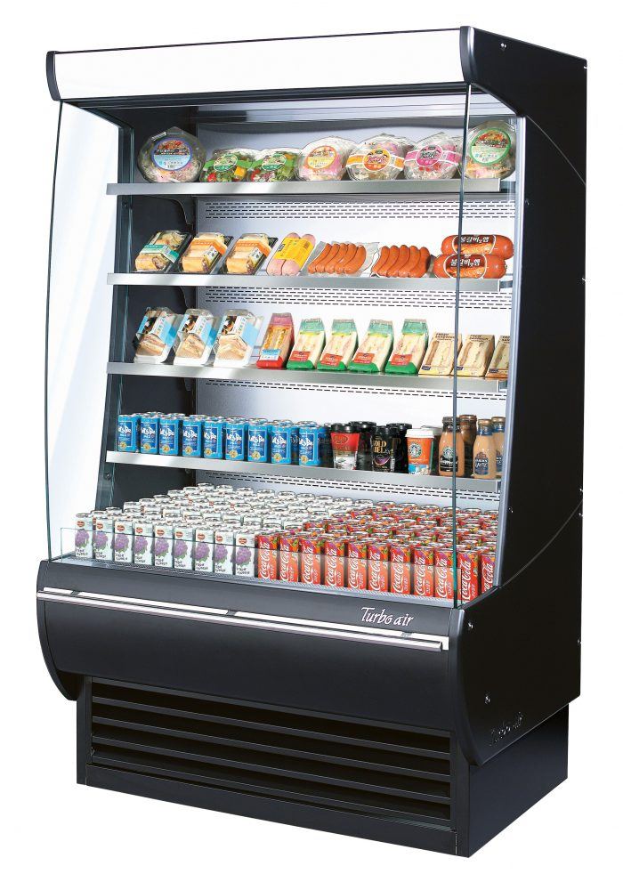 Turbo Air TOM-48DXB-N TO Series 48'' Black Vertical Air Curtain Open Display Merchandiser with 4 Shelves