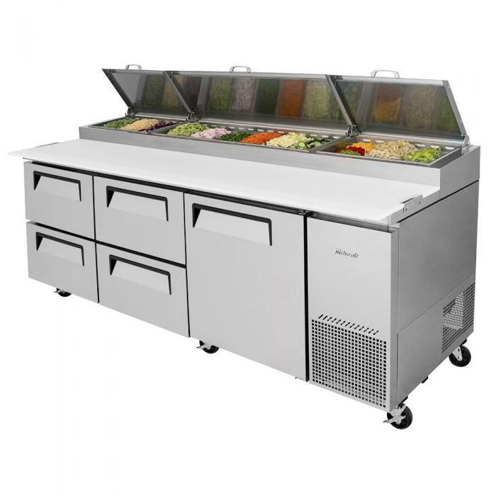 Turbo Air TPR-93SD-D4-N TP Series 93" Pizza Prep Table with 1 Door and 4 Drawers