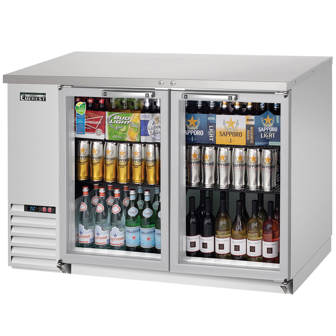 Everest EB Series-EBB48G-SS Stainless Steel Two Section Glass Door Back Bar Cooler - 14 Cu. Ft.
