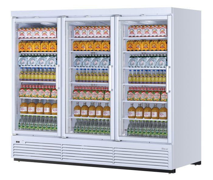 Turbo Air TJMR-85SDW-N TJ Series White 97" 3 Section Glass Door Merchandiser Refrigerator